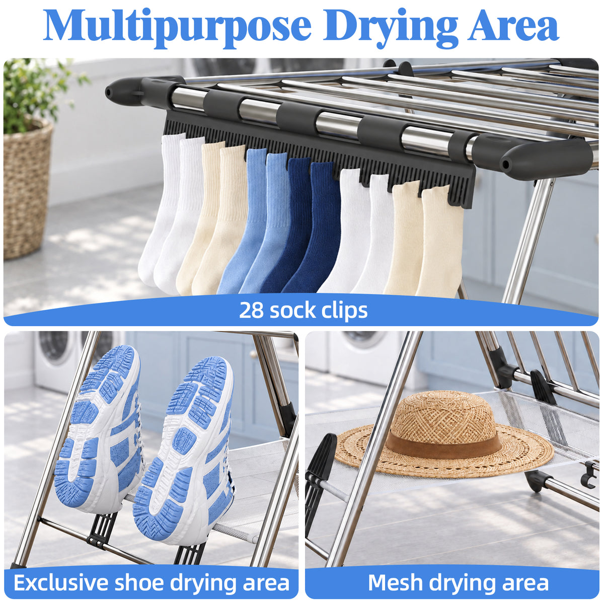 SYKIARIOL Three-Level Clothes Drying Rack with High Hanging Rail — Silver, view 4