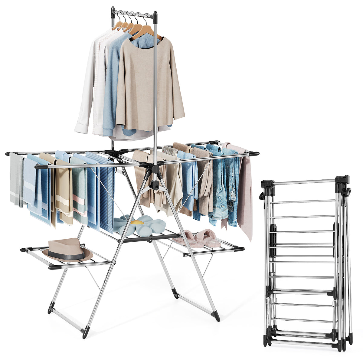 SYKIARIOL Large Clothes Drying Rack with High Hanging Rail — Silver, view 1