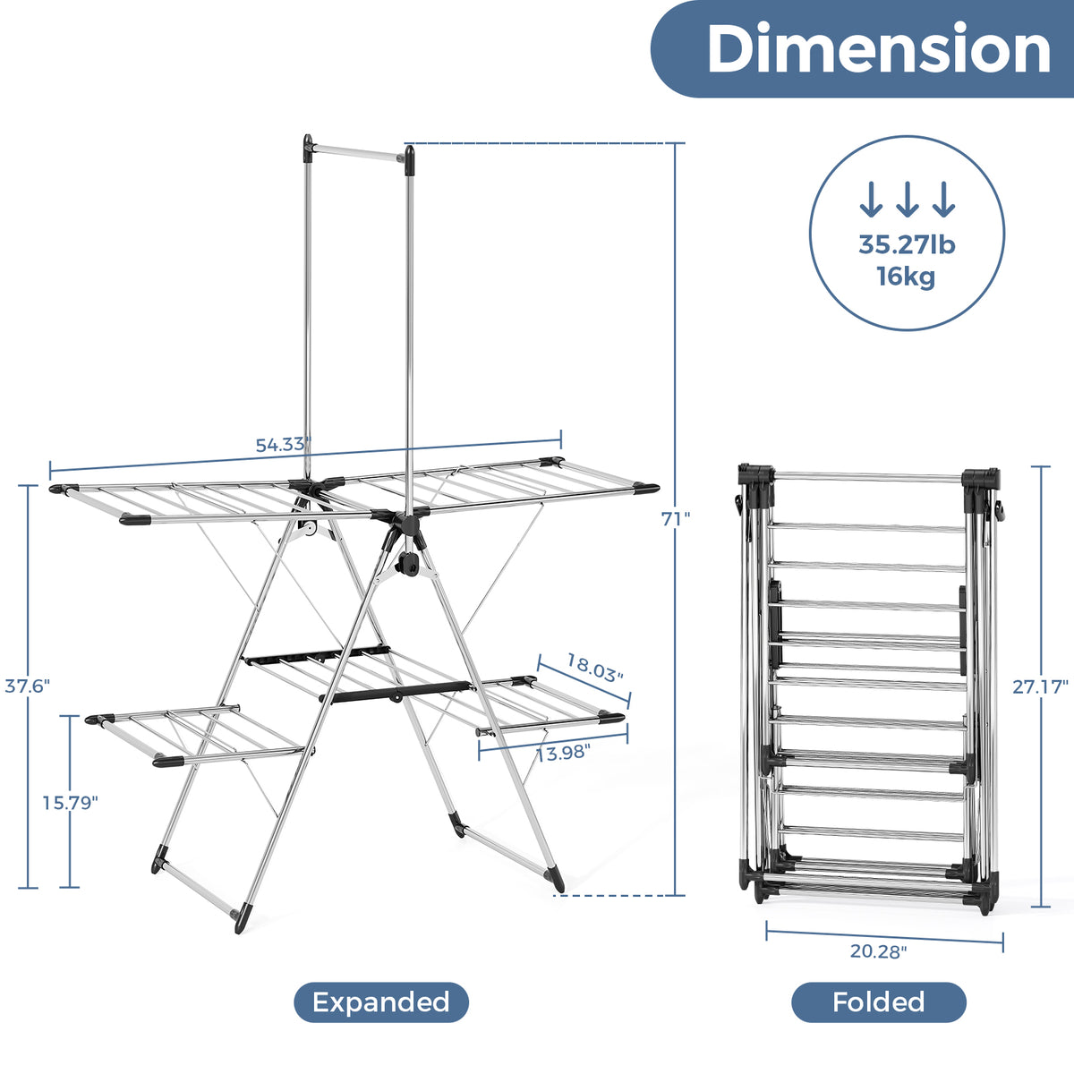 SYKIARIOL Large Clothes Drying Rack with High Hanging Rail — Silver, view 2