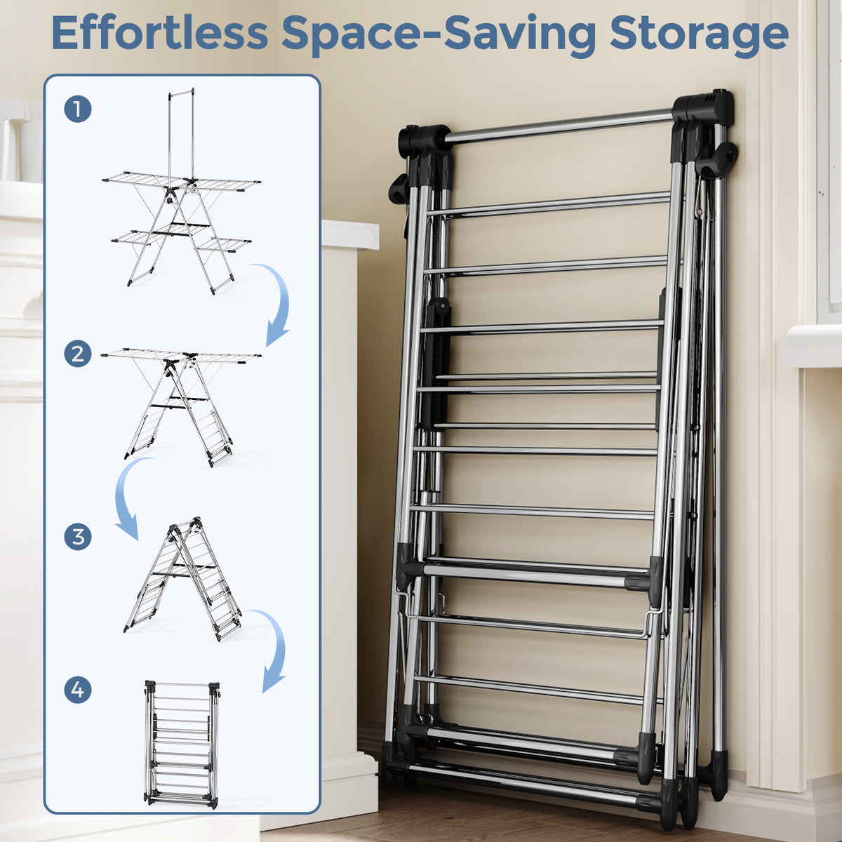 SYKIARIOL Large Clothes Drying Rack with High Hanging Rail — Silver, view 3