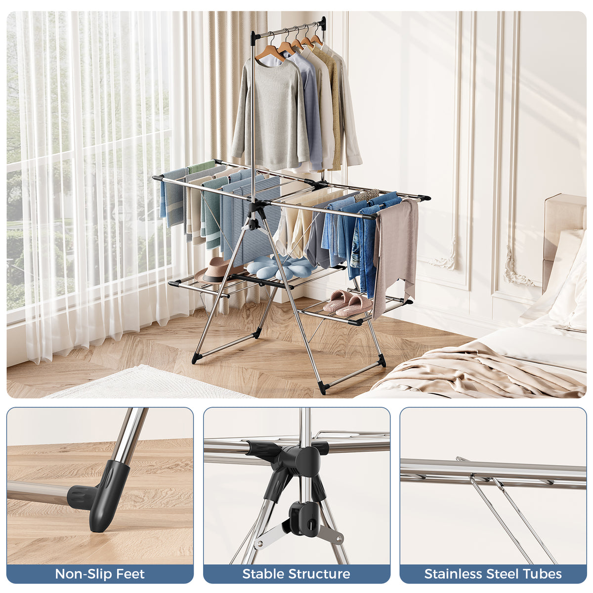 SYKIARIOL Large Clothes Drying Rack with High Hanging Rail — Silver, view 4
