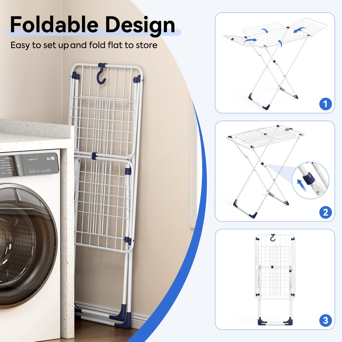 SYKIARIOL Four-Wing Folding Clothes Drying Rack — White, view 3