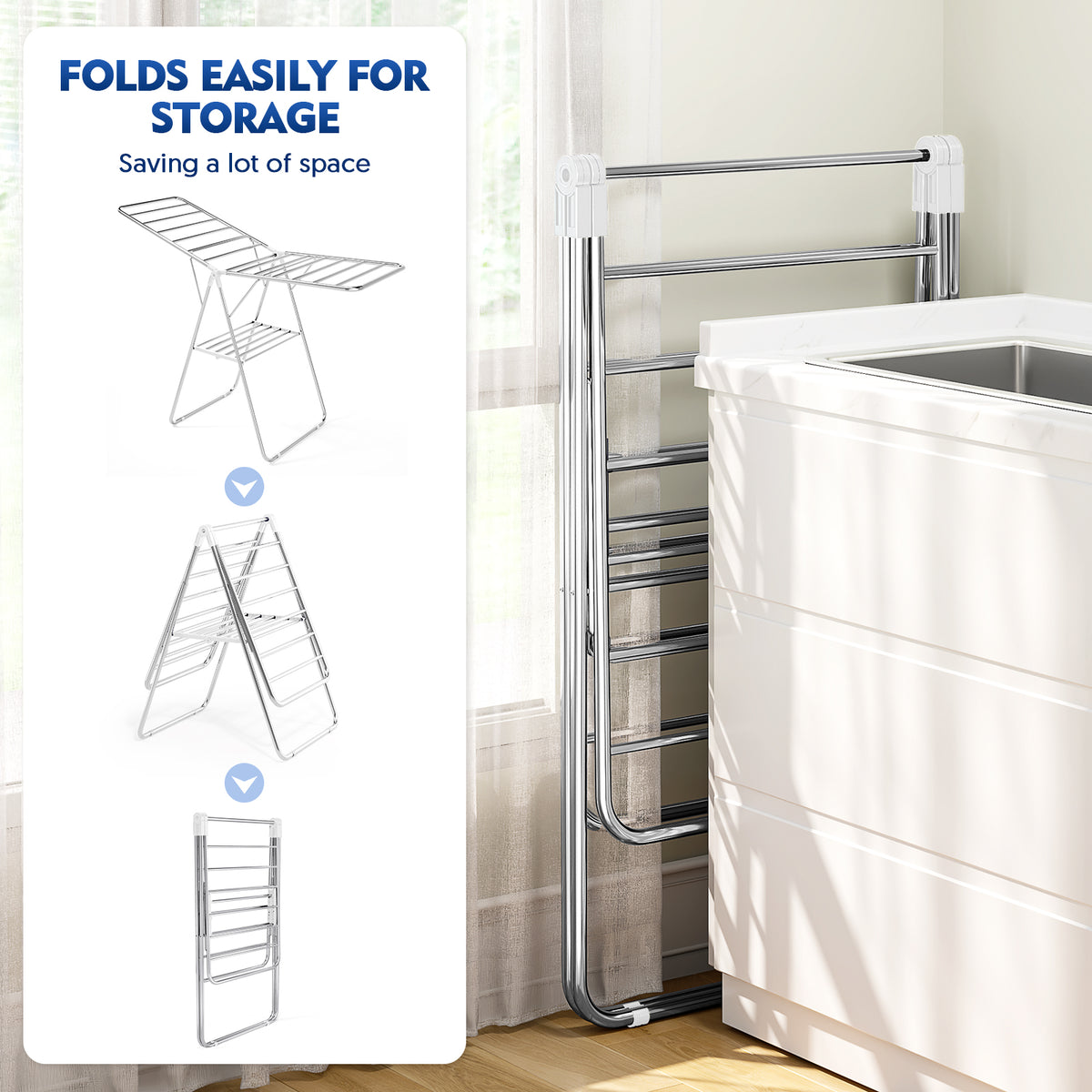 SYKIARIOL Stainless Steel Gullwing Clothes Drying Rack — White, view 4