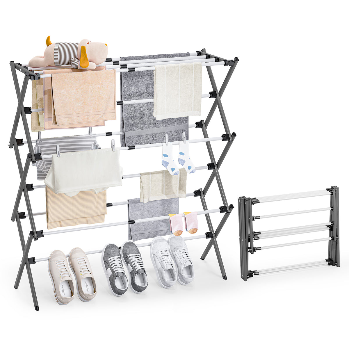 SYKIARIOL Compact Three-Tier Expandable Clothes Drying Rack — Gray & White, view 1