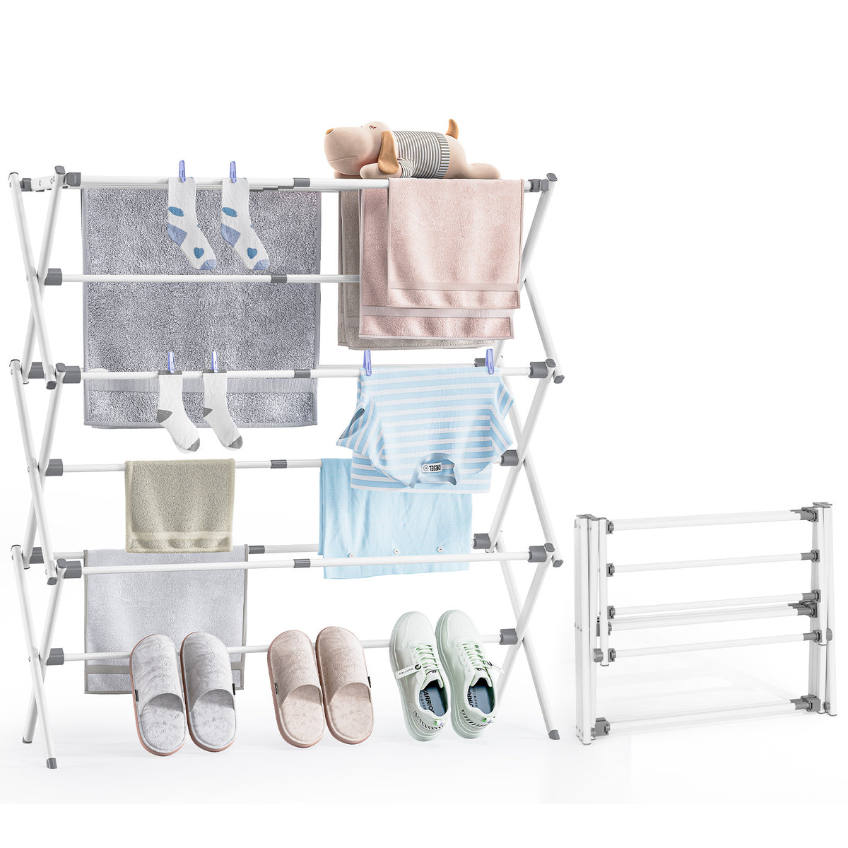 SYKIARIOL Compact Three-Tier Expandable Clothes Drying Rack — White, view 1