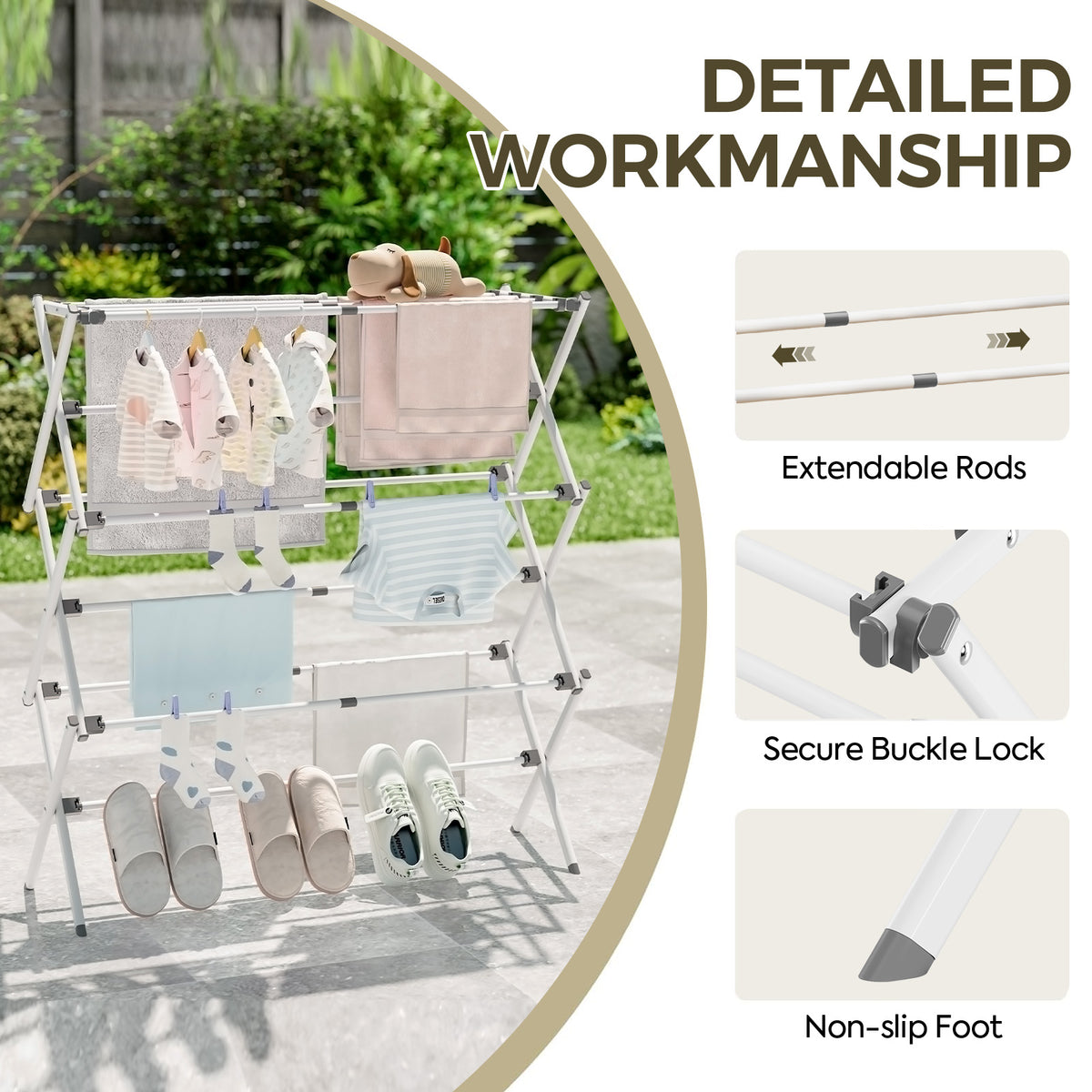 SYKIARIOL Compact Three-Tier Expandable Clothes Drying Rack — White, view 3