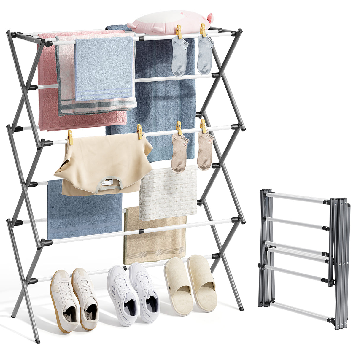 SYKIARIOL Large Three-Tier Expandable Clothes Drying Rack — Gray & White, view 1
