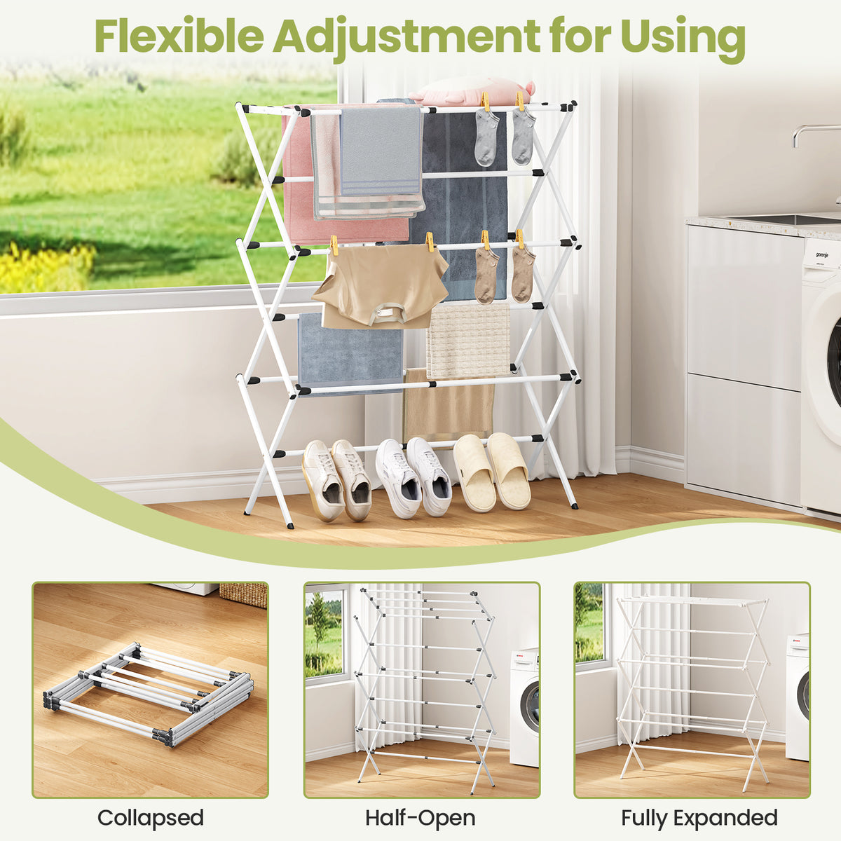 SYKIARIOL Large Three-Tier Expandable Clothes Drying Rack — White, view 4