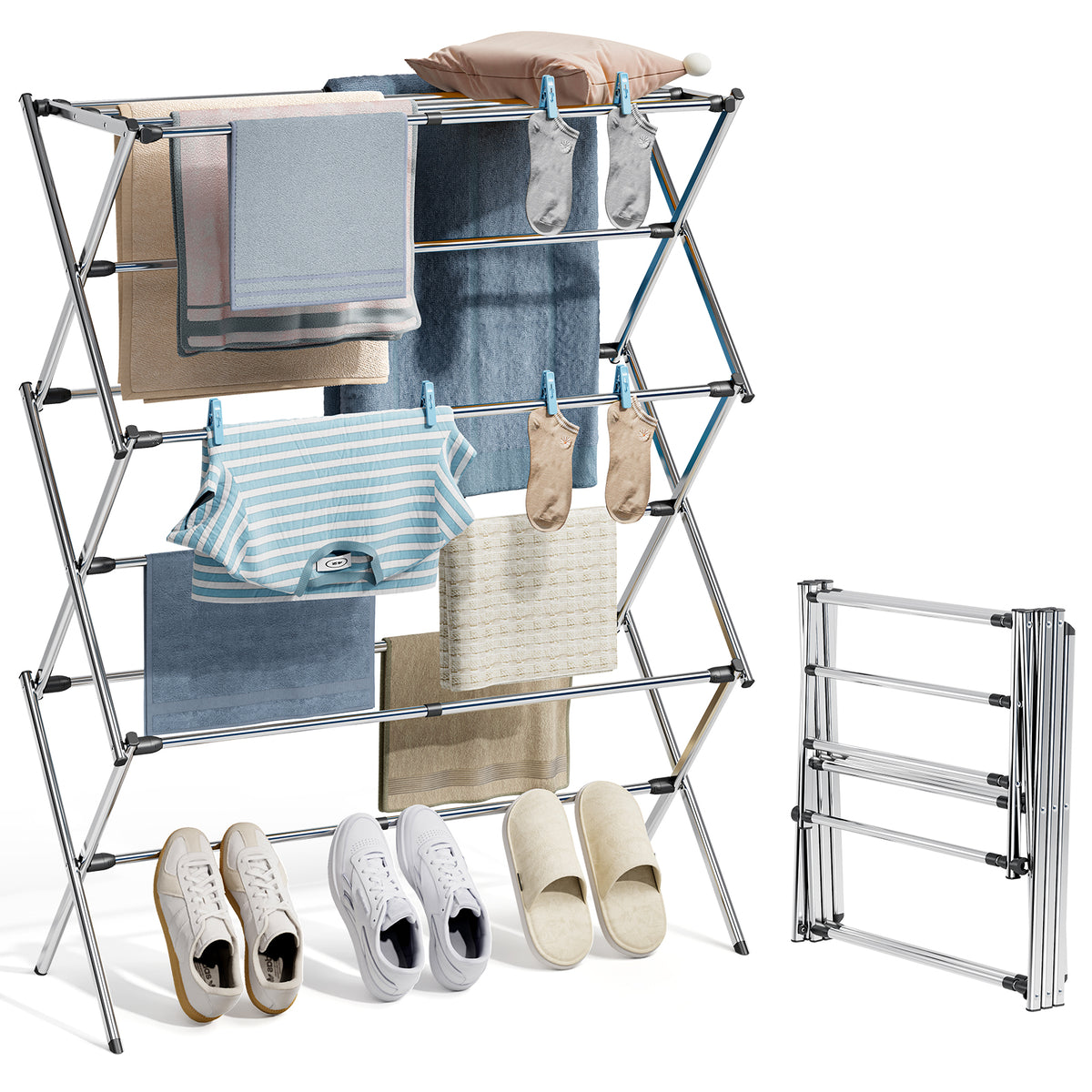 SYKIARIOL Expandable Stainless Steel Clothes Drying Rack — Silver, view 1