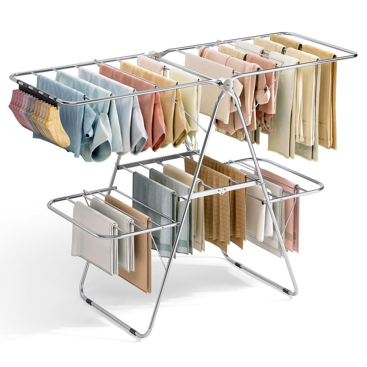 SYKIARIOL Four-Wing Clothes Drying Rack with Sock Clips — Silver, view 1