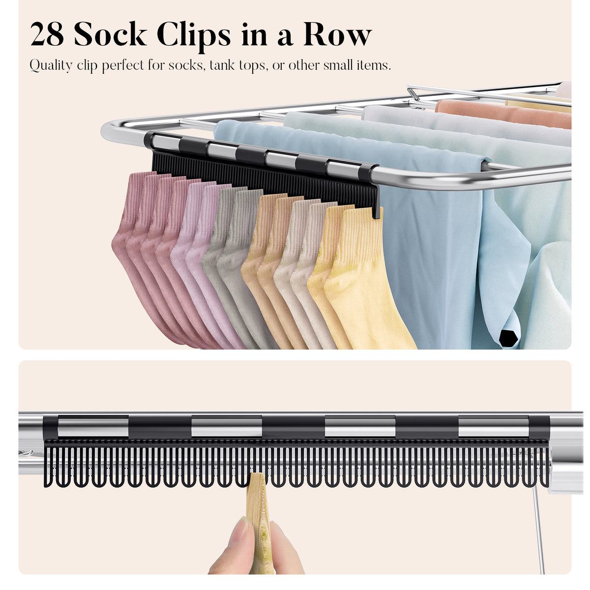 SYKIARIOL Four-Wing Clothes Drying Rack with Sock Clips — Silver, view 3