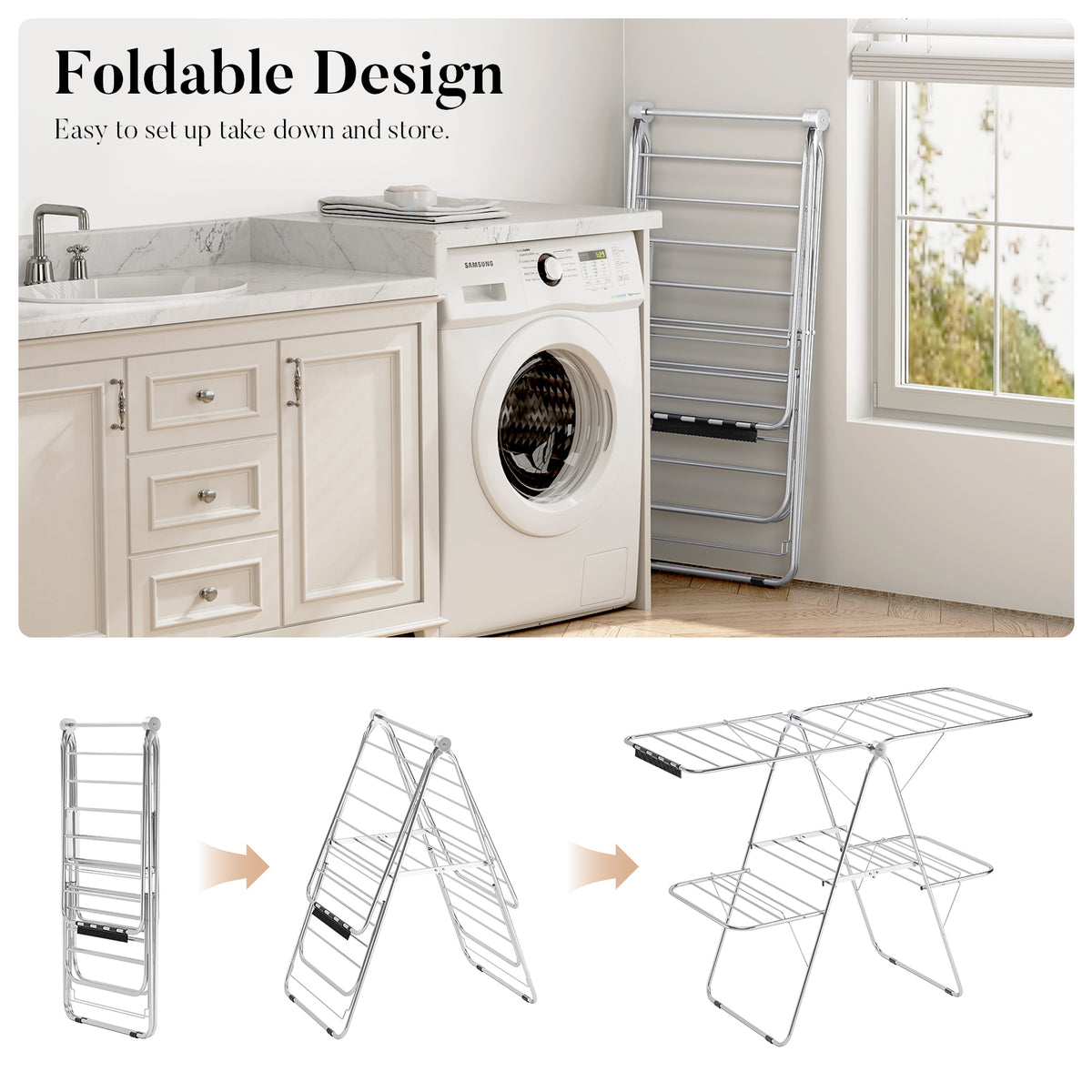 SYKIARIOL Four-Wing Clothes Drying Rack with Sock Clips — Silver, view 4