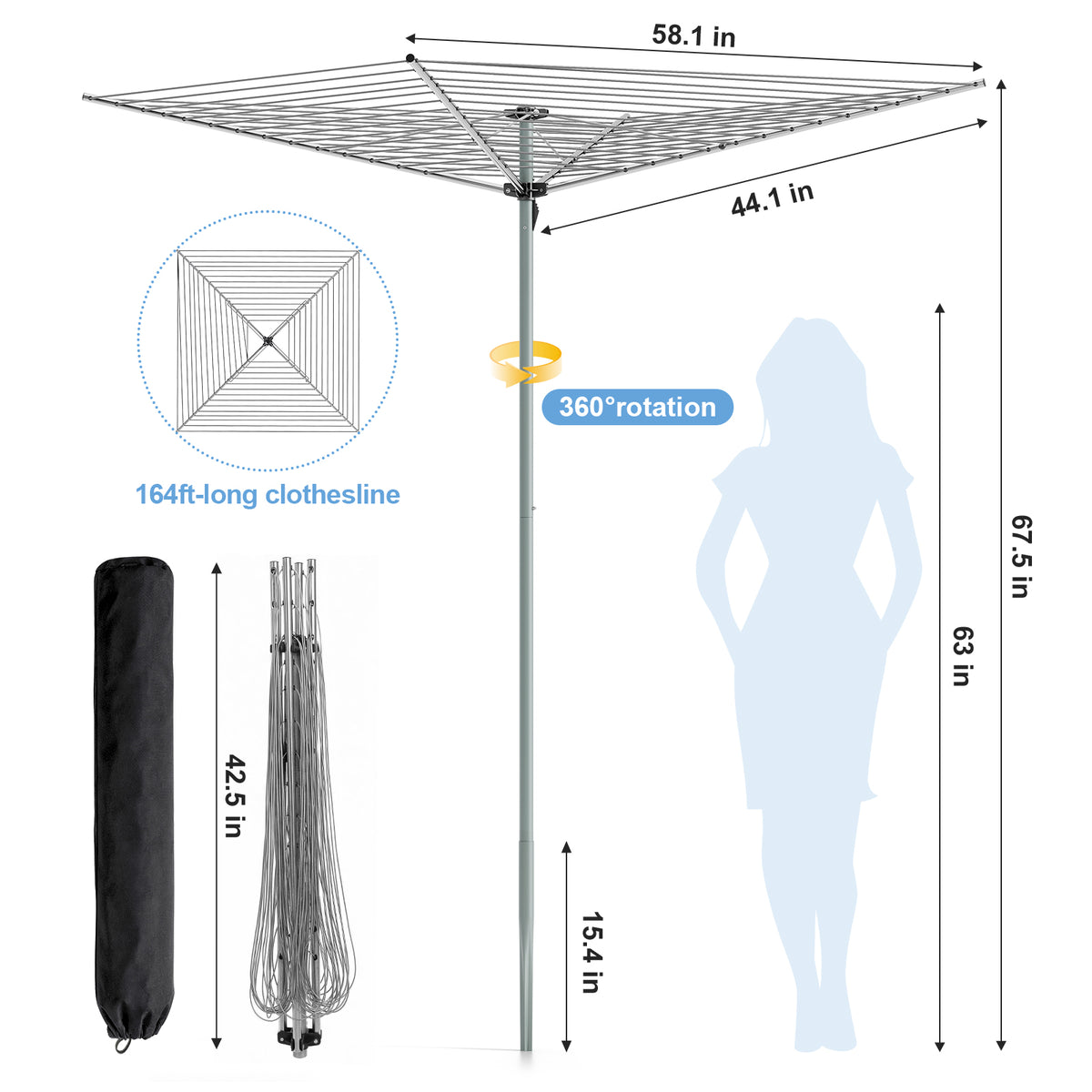 SYKIARIOL 164 ft Outdoor Umbrella Clothes Drying Rack — Silver, view 2