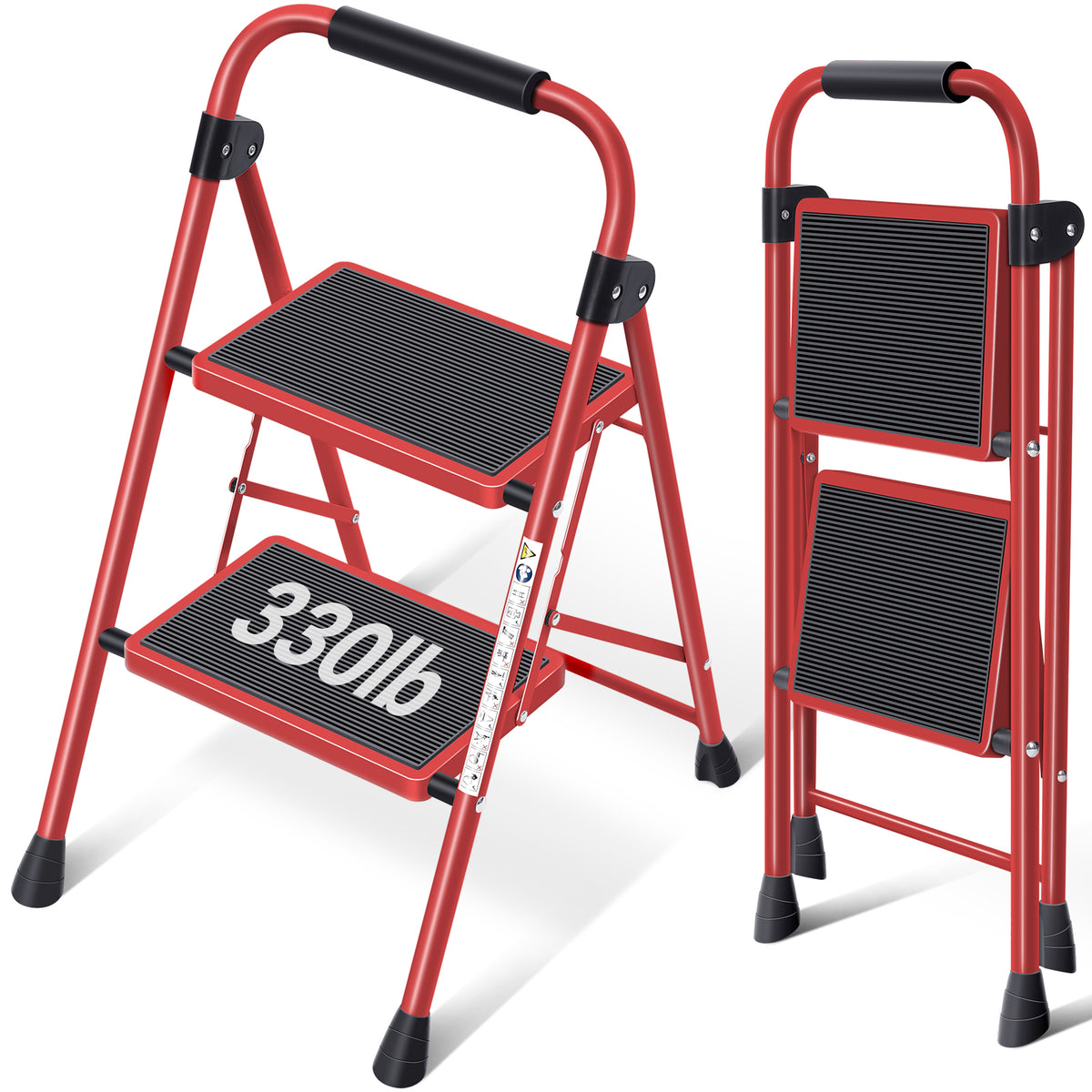 SYKIARIOL Folding Steel Step Ladder with Handrail | 2–4 Steps — 2-Step / Red, view 1