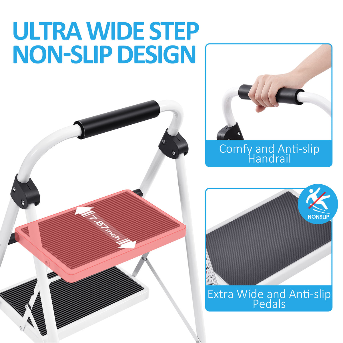 SYKIARIOL Folding Steel Step Ladder with Handrail | 2–4 Steps — 2-Step / White, view 3