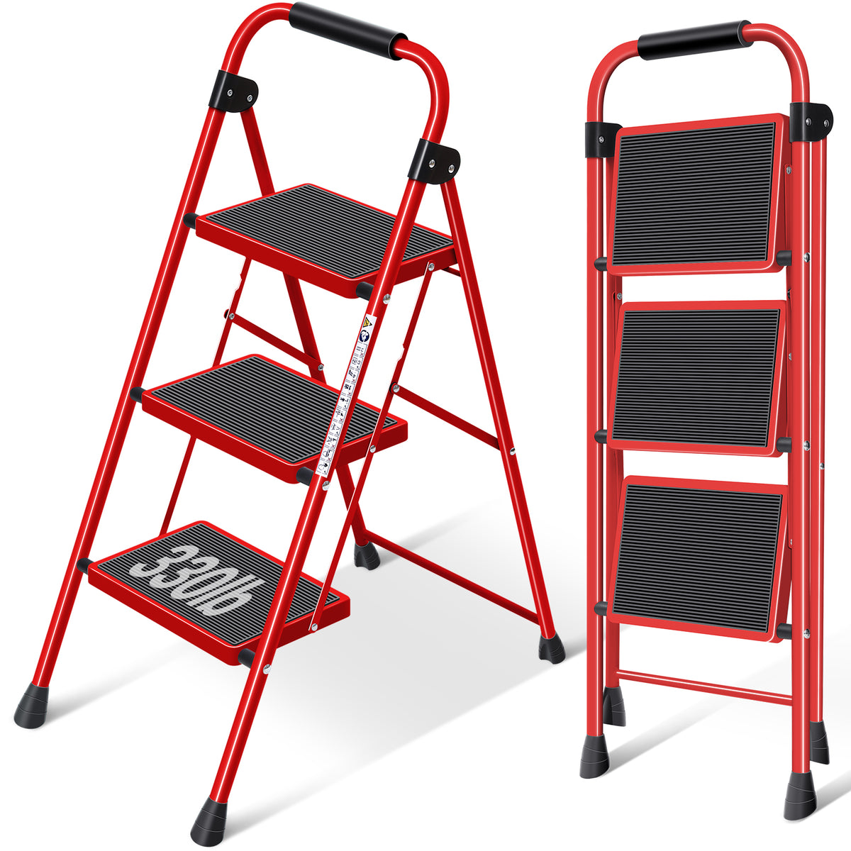 SYKIARIOL Folding Steel Step Ladder with Handrail | 2–4 Steps — 3-Step / Red, view 1