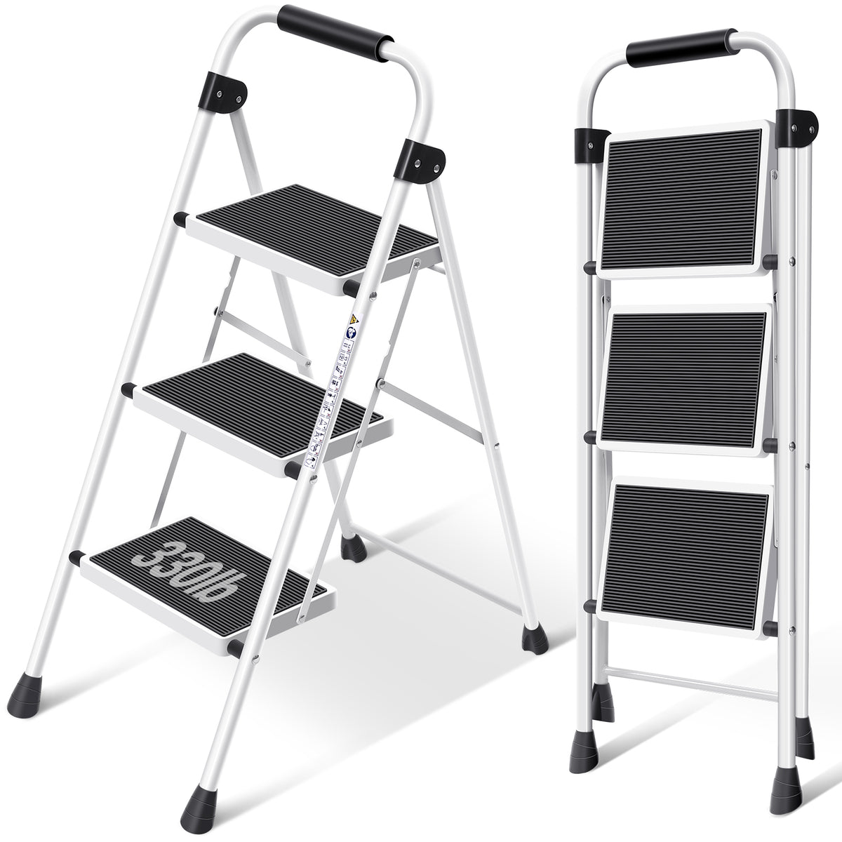 SYKIARIOL Folding Steel Step Ladder with Handrail | 2–4 Steps — 3-Step / White, view 1