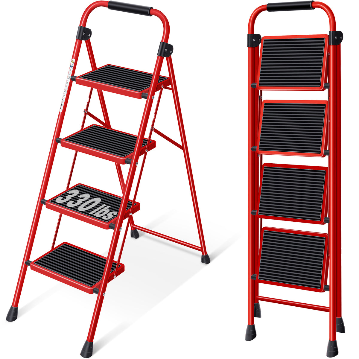 SYKIARIOL Folding Steel Step Ladder with Handrail | 2–4 Steps — 4-Step / Red, view 1