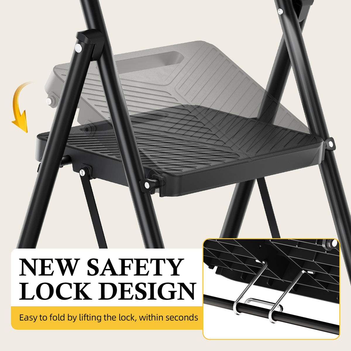SYKIARIOL Folding Step Ladder with Wide Steps | 2–5 Steps — 2-Step / Black, view 3