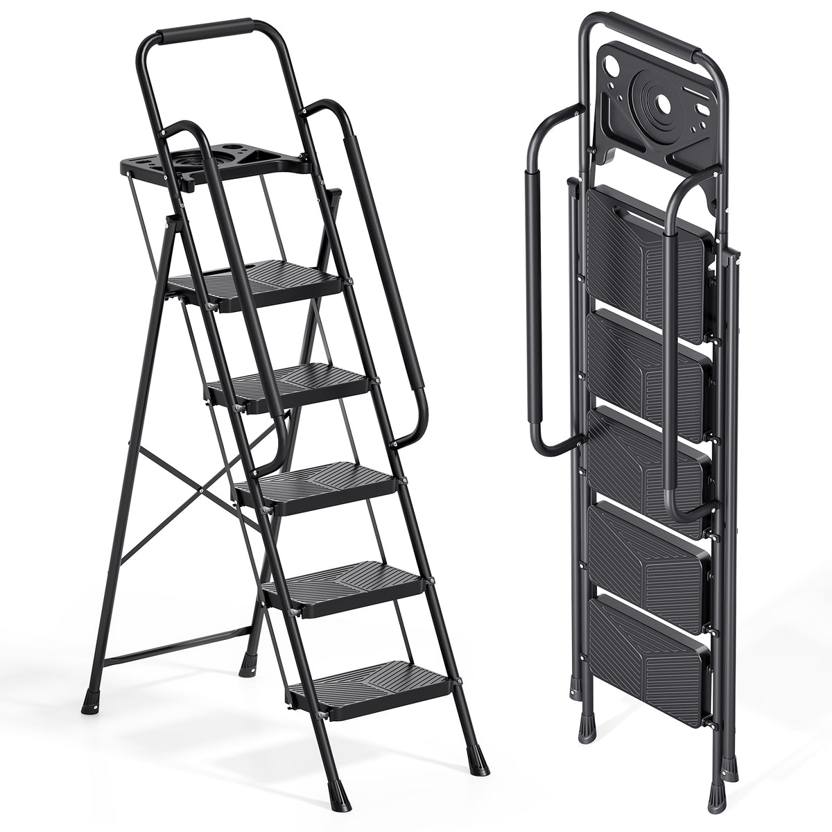 SYKIARIOL Folding Step Ladder with Wide Steps | 2–5 Steps — 5-Step / Black, view 1