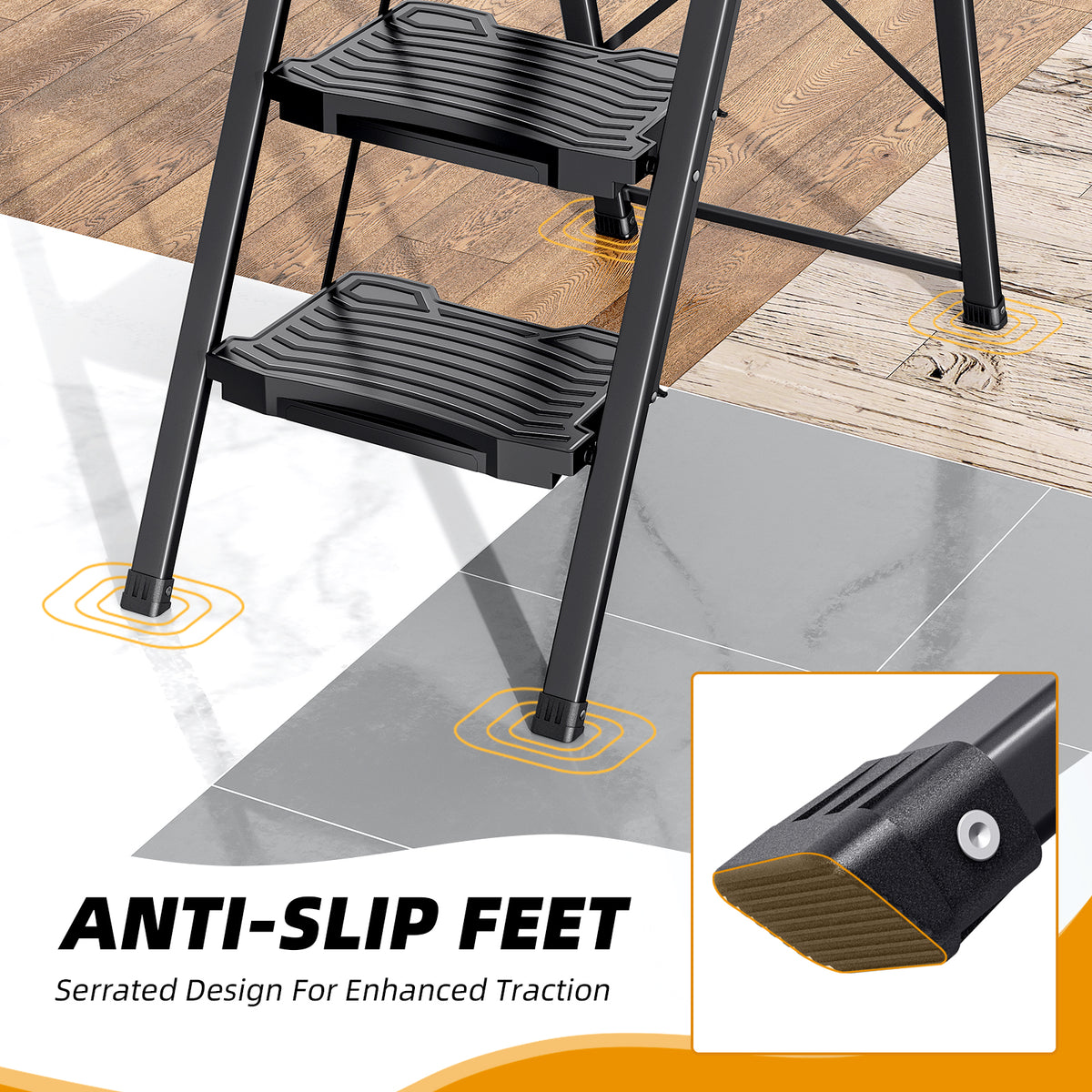 SYKIARIOL Folding Steel Step Stool with Wide Pedals | 2–4 Steps — 2-Step / Black, view 3