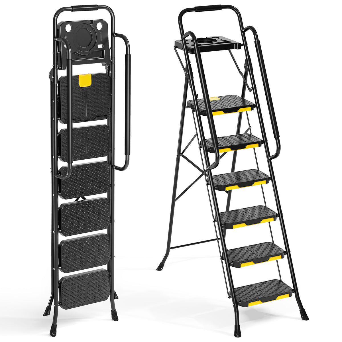 SYKIARIOL 6-Step Folding Ladder with Handrails & Tool Platform — 6-Step / Black, view 1