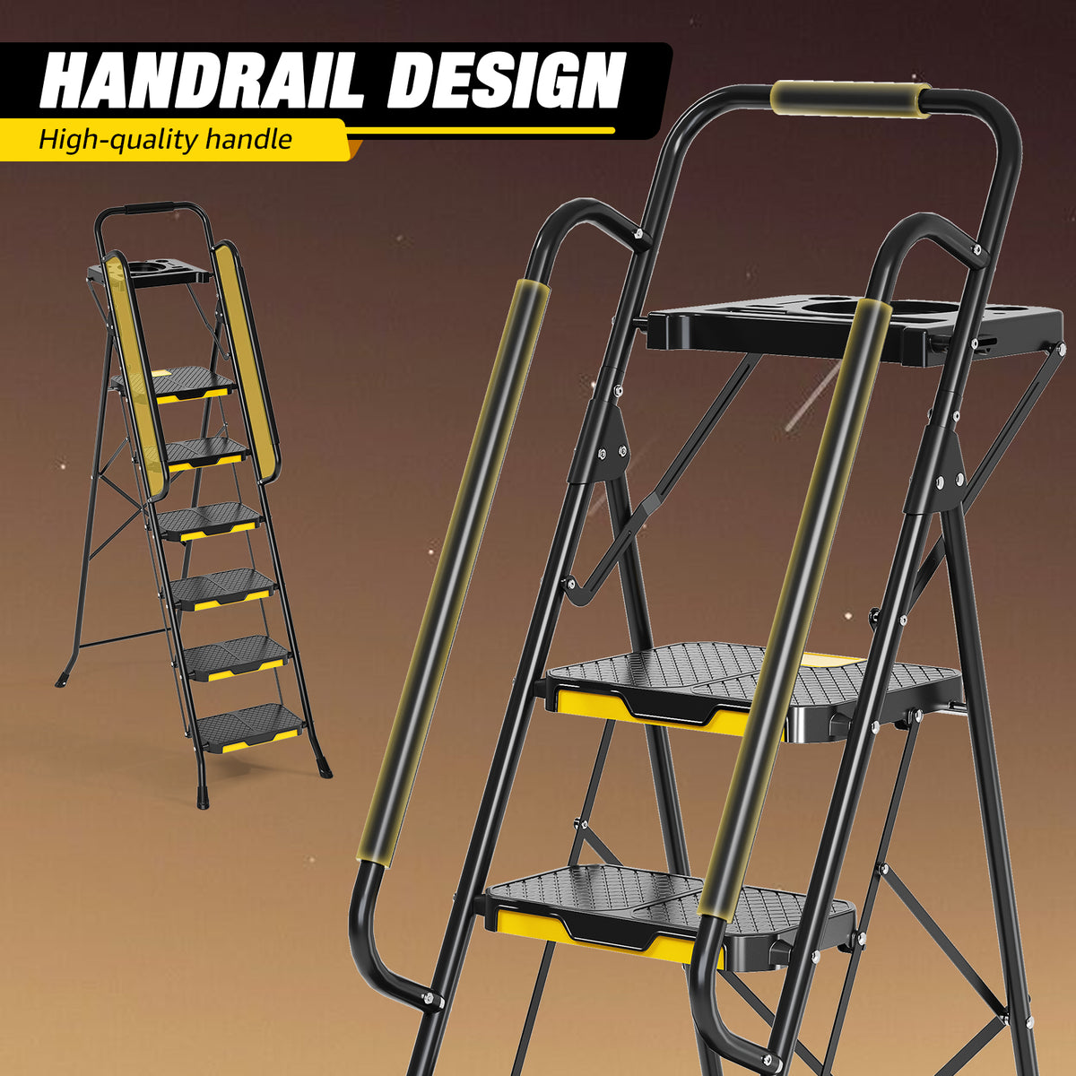 SYKIARIOL 6-Step Folding Ladder with Handrails & Tool Platform — 6-Step / Black, view 3