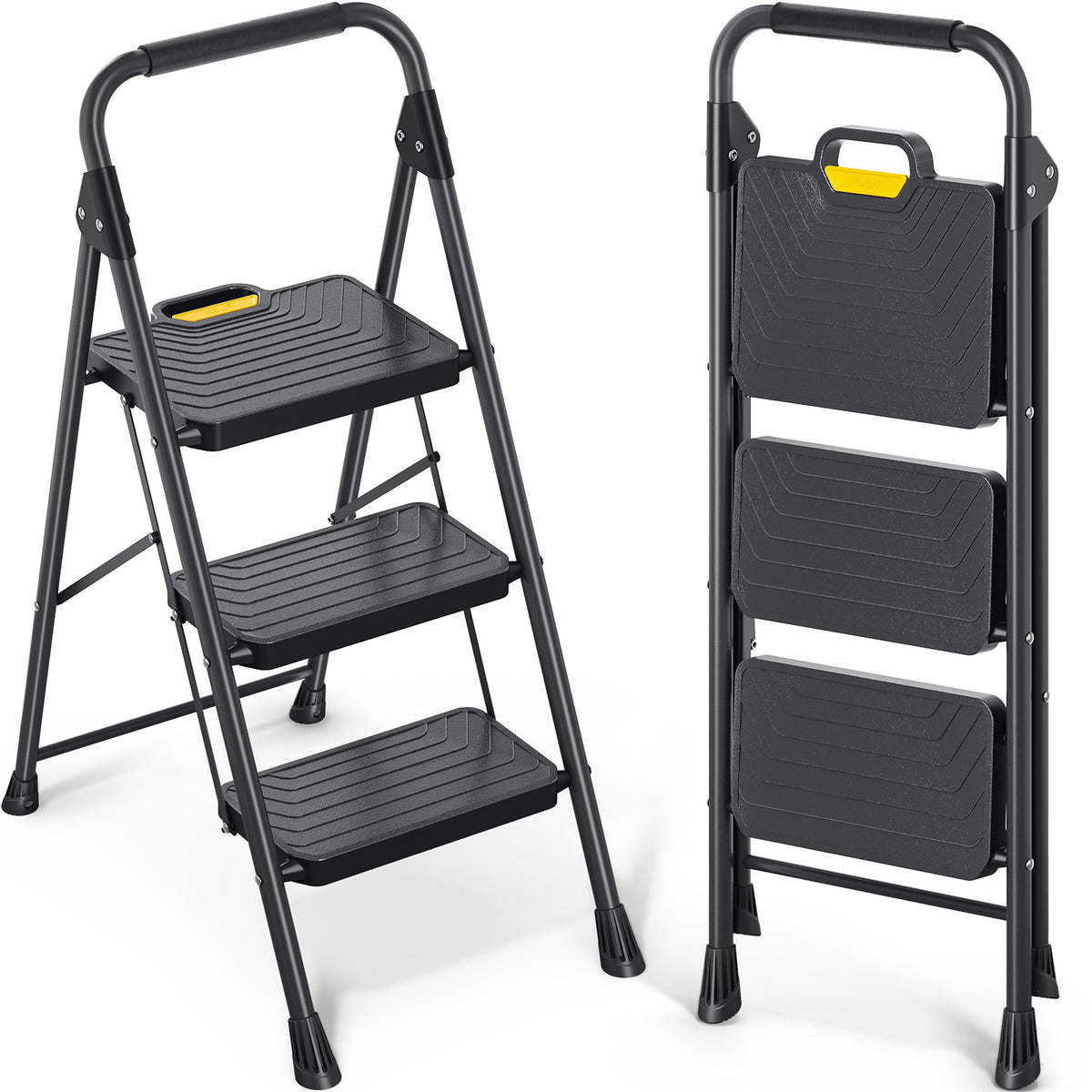 SYKIARIOL Folding Step Ladder with Wide Pedals | 2–5 Steps — 3-Step / Black, view 1