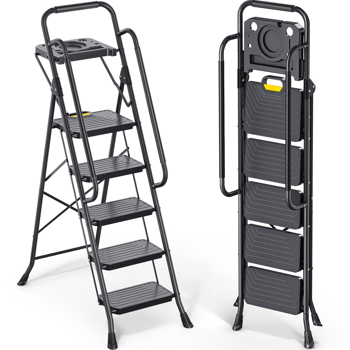 SYKIARIOL Folding Step Ladder with Wide Pedals | 2–5 Steps — 5-Step / Black, view 1