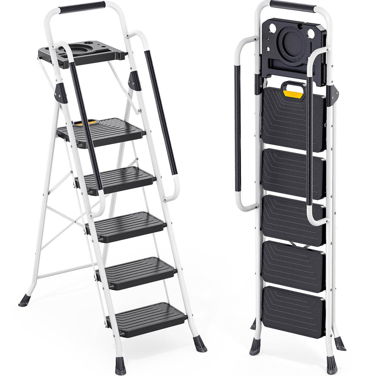 SYKIARIOL Folding Step Ladder with Wide Pedals | 2–5 Steps — 5-Step / White, view 1