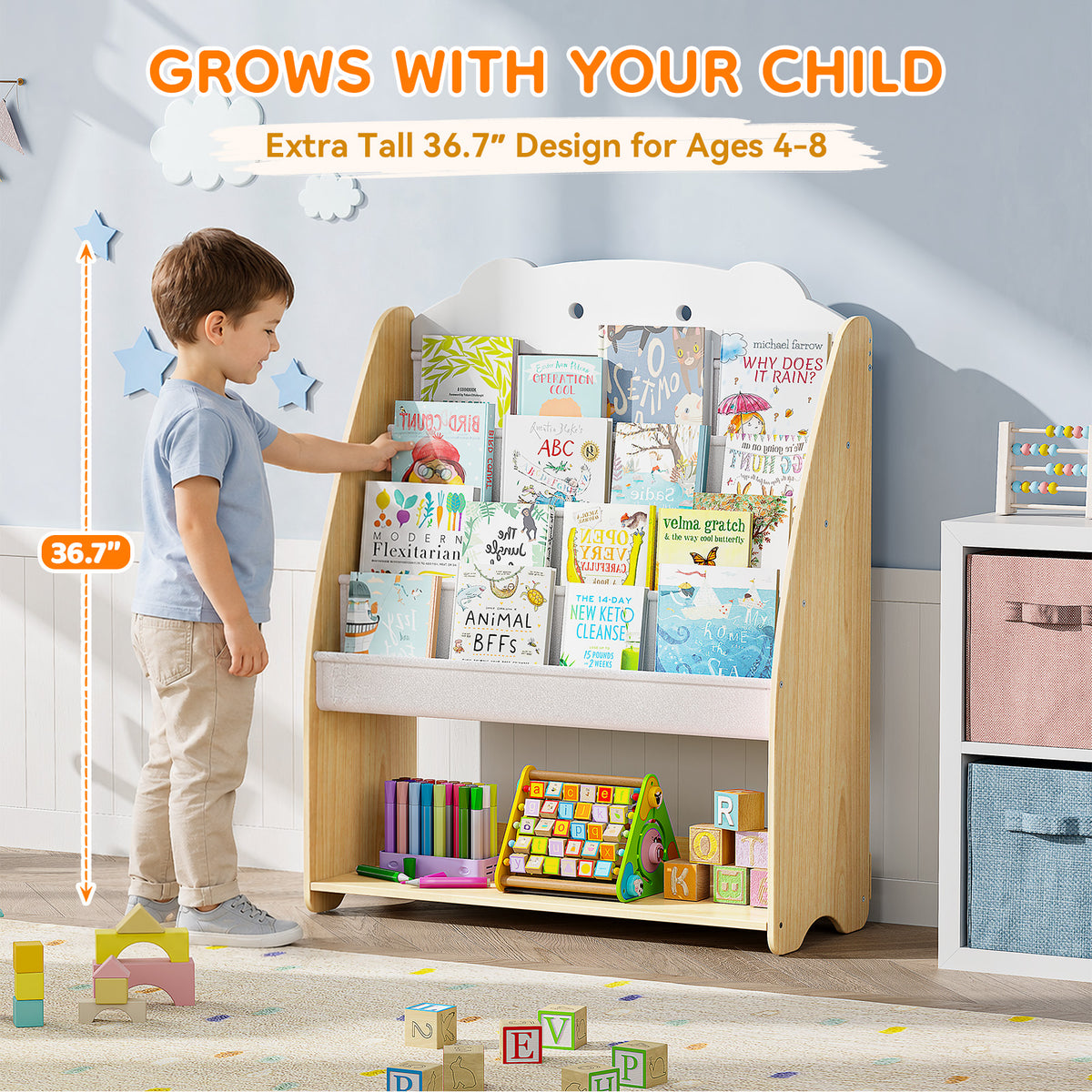 SYKIARIOL Front-Facing Kids Bookshelf with 4 Sling Tiers — Natural, view 2