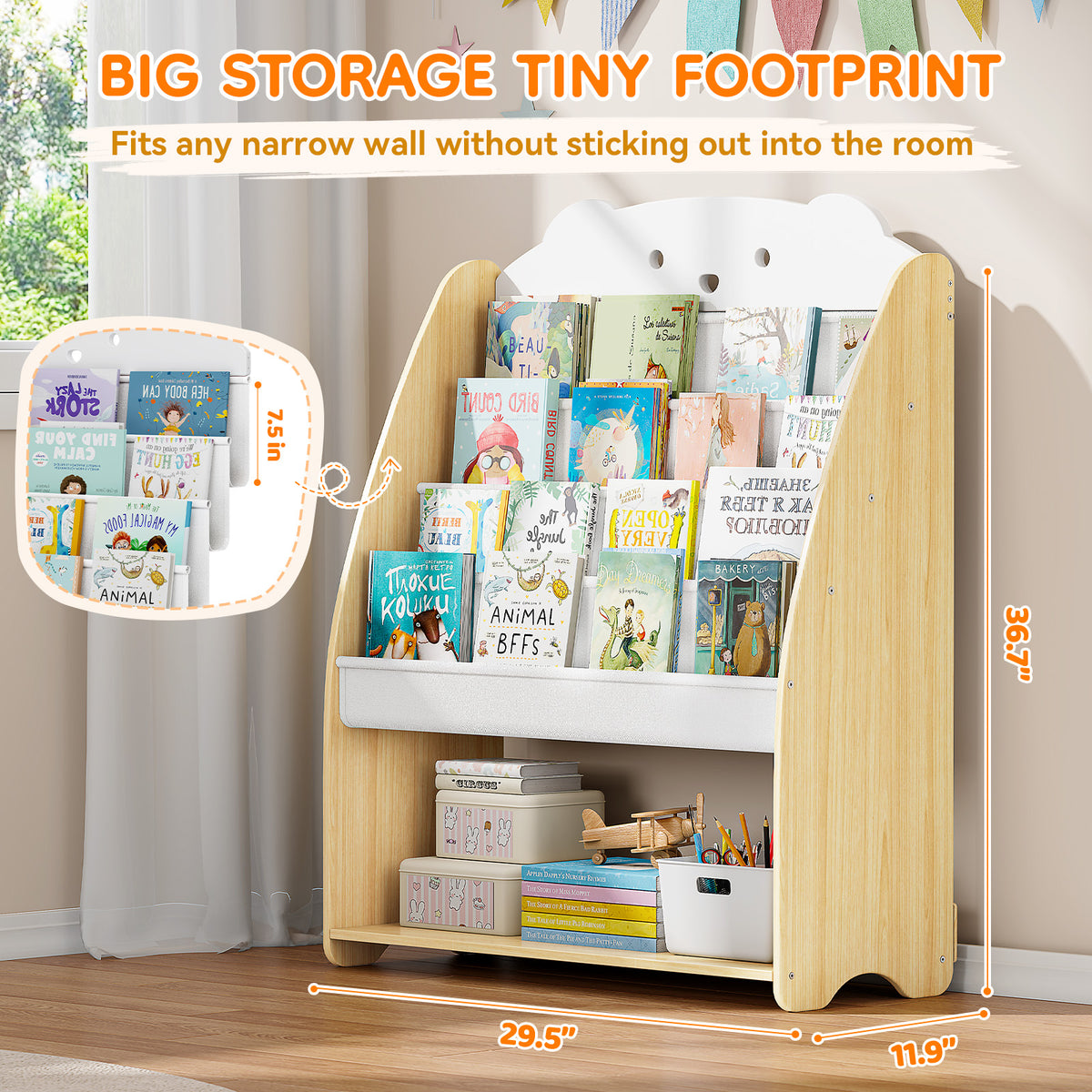 SYKIARIOL Front-Facing Kids Bookshelf with 4 Sling Tiers — Natural, view 3
