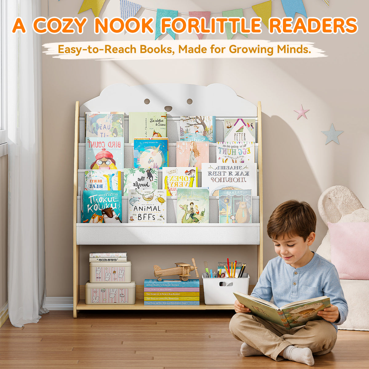 SYKIARIOL Front-Facing Kids Bookshelf with 4 Sling Tiers — Natural, view 4