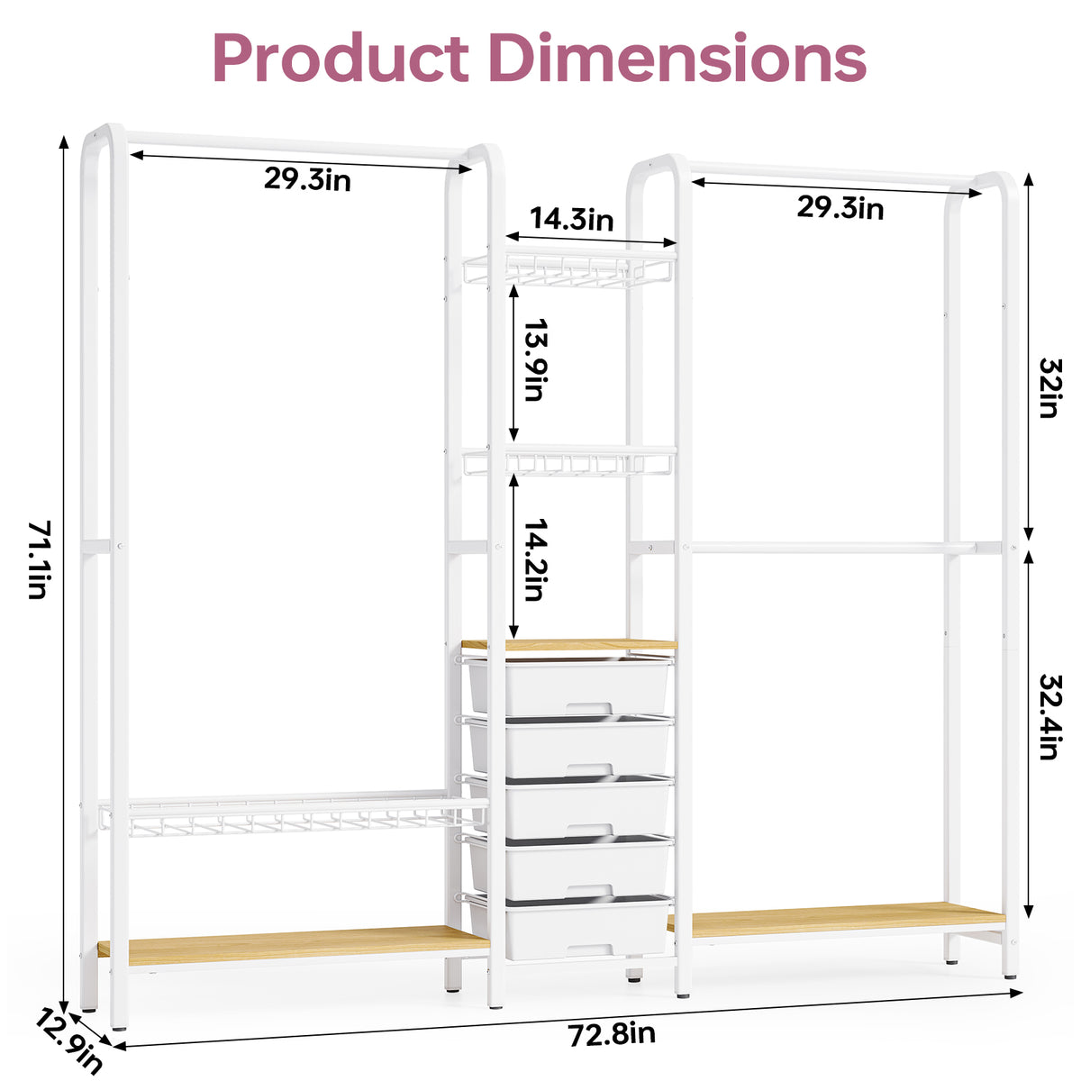 SYKIARIOL Freestanding Closet System with 5 Drawers & Open Shelves — White, view 2