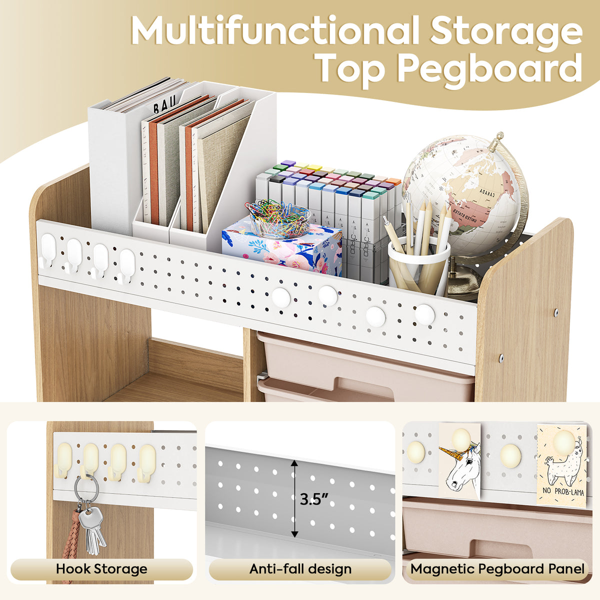SYKIARIOL Rolling Storage Organizer with 6 Drawers and Pegboard — Multicolored, view 3
