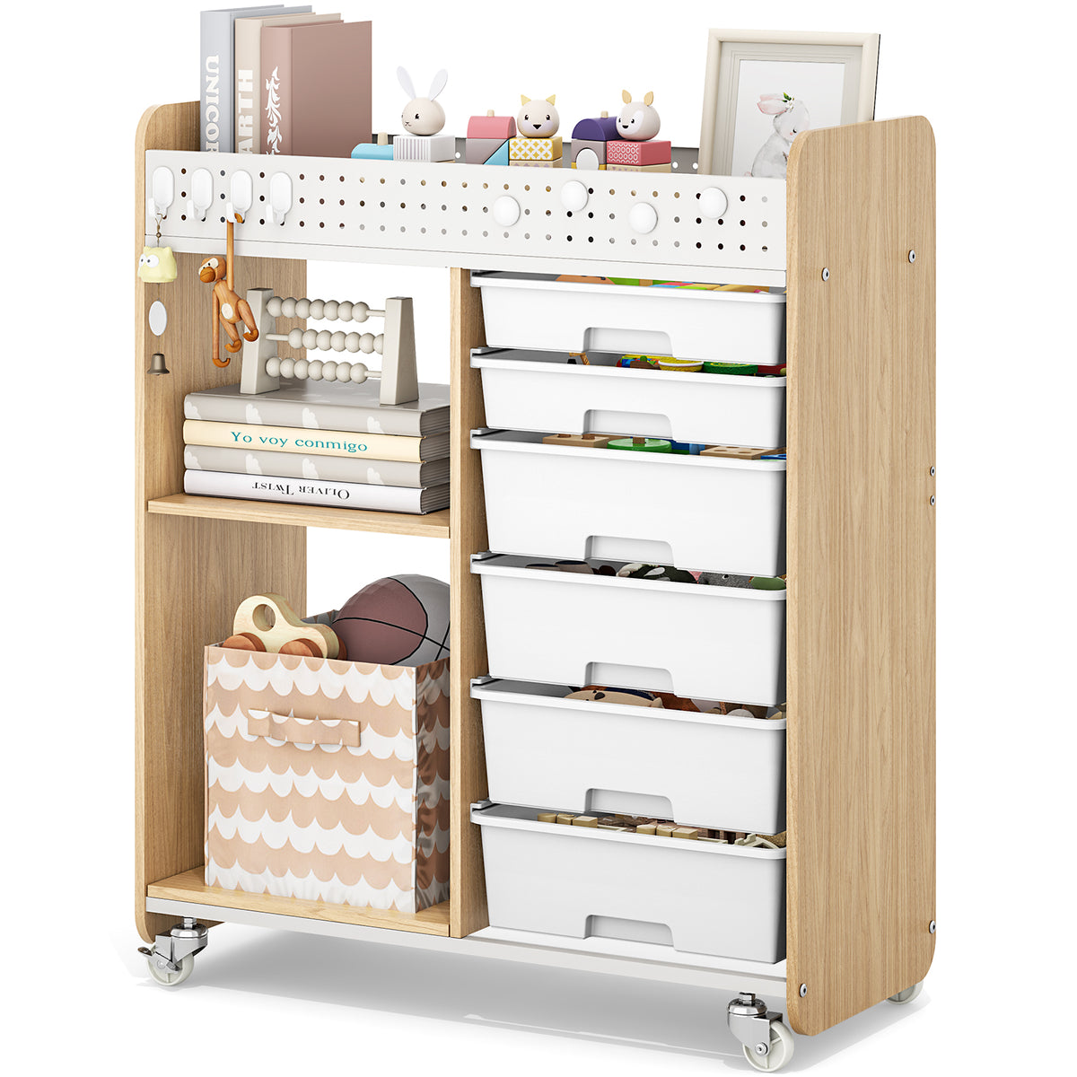 SYKIARIOL Rolling Storage Organizer with 6 Drawers and Pegboard — Natural, view 1