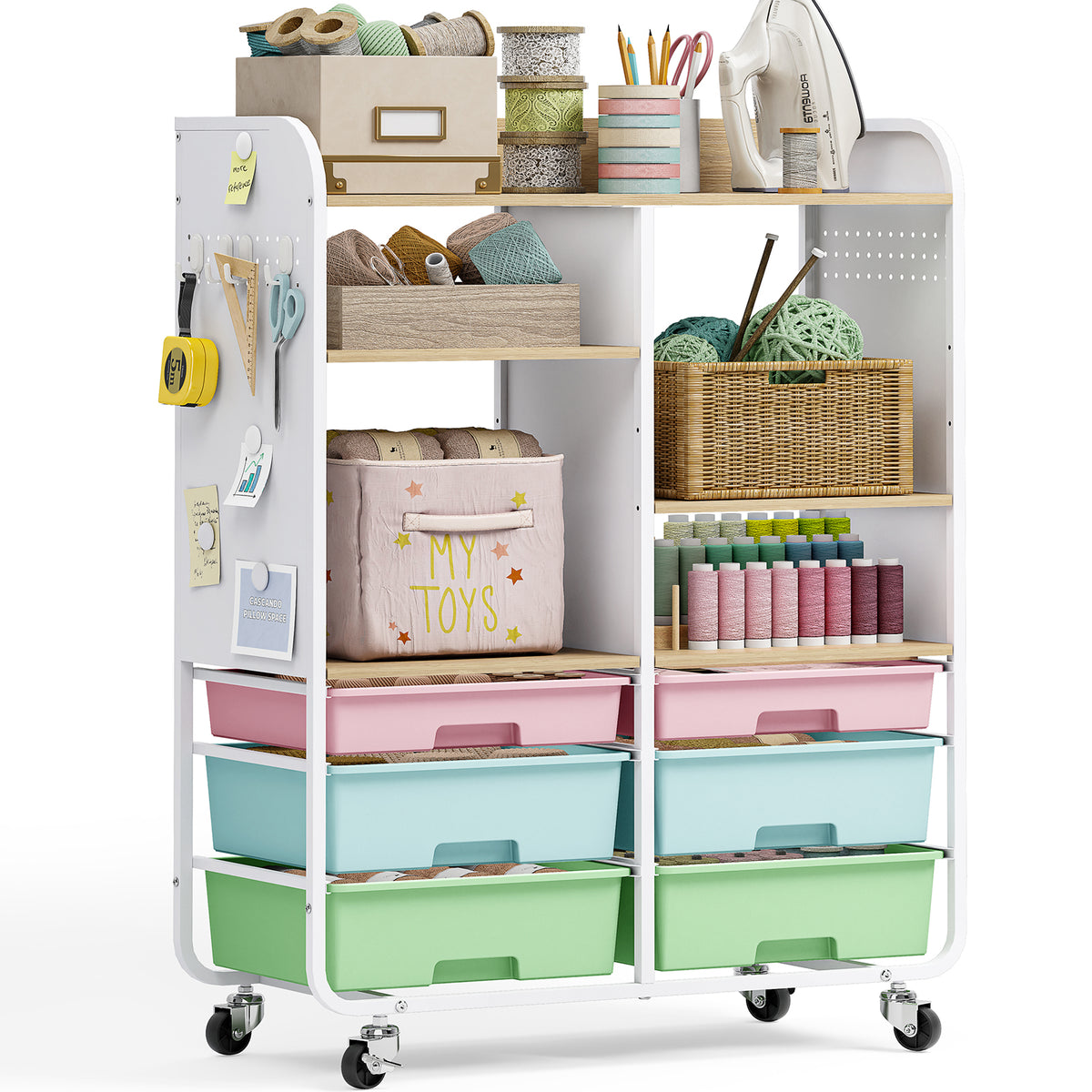 SYKIARIOL 6-Drawer Rolling Storage Cabinet with Wood Top and Pegboards — Multicolored, view 1