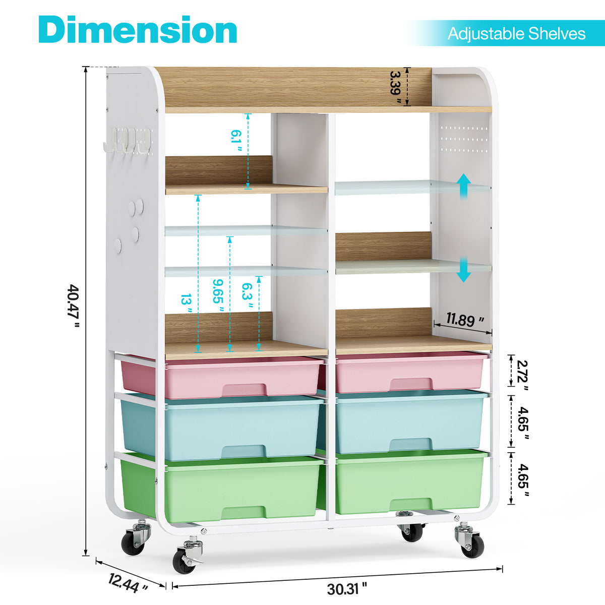SYKIARIOL 6-Drawer Rolling Storage Cabinet with Wood Top and Pegboards — Multicolored, view 2