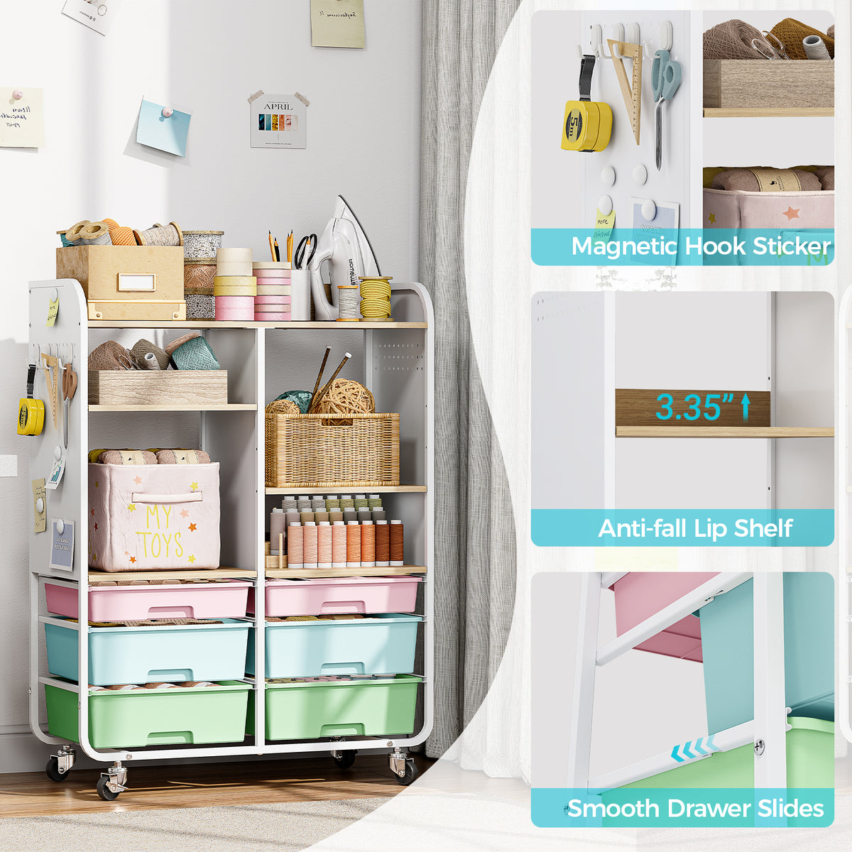 SYKIARIOL 6-Drawer Rolling Storage Cabinet with Wood Top and Pegboards — Multicolored, view 3