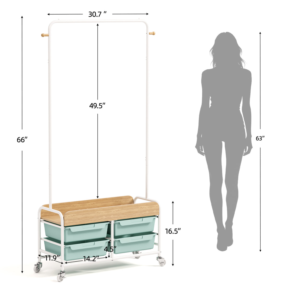 SYKIARIOL Garment Rack with 4 Drawers and Wooden Tabletop — Green, view 4