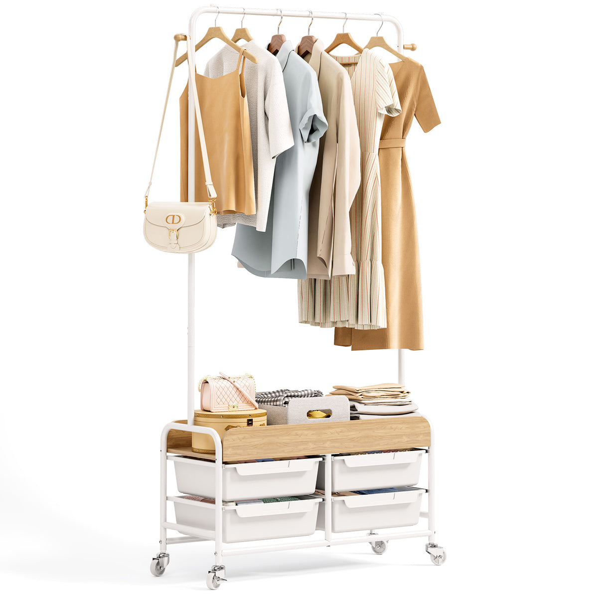 SYKIARIOL Garment Rack with 4 Drawers and Wooden Tabletop — White, view 1