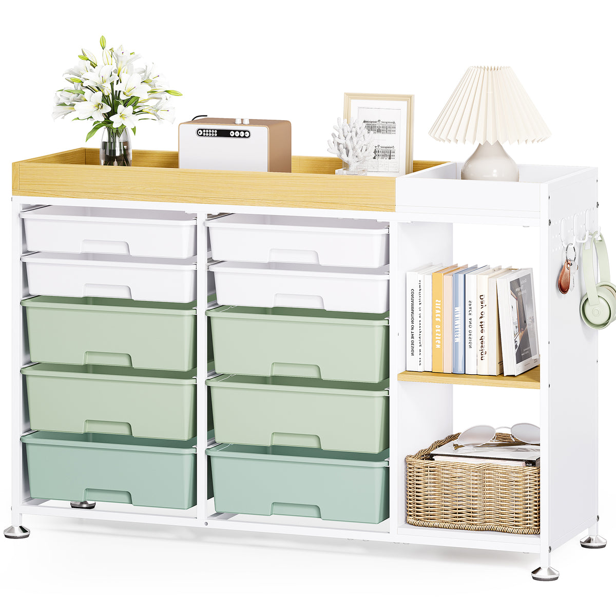 SYKIARIOL 10-Drawer Storage Cabinet with Open Shelves and Wood Top — Green, view 1