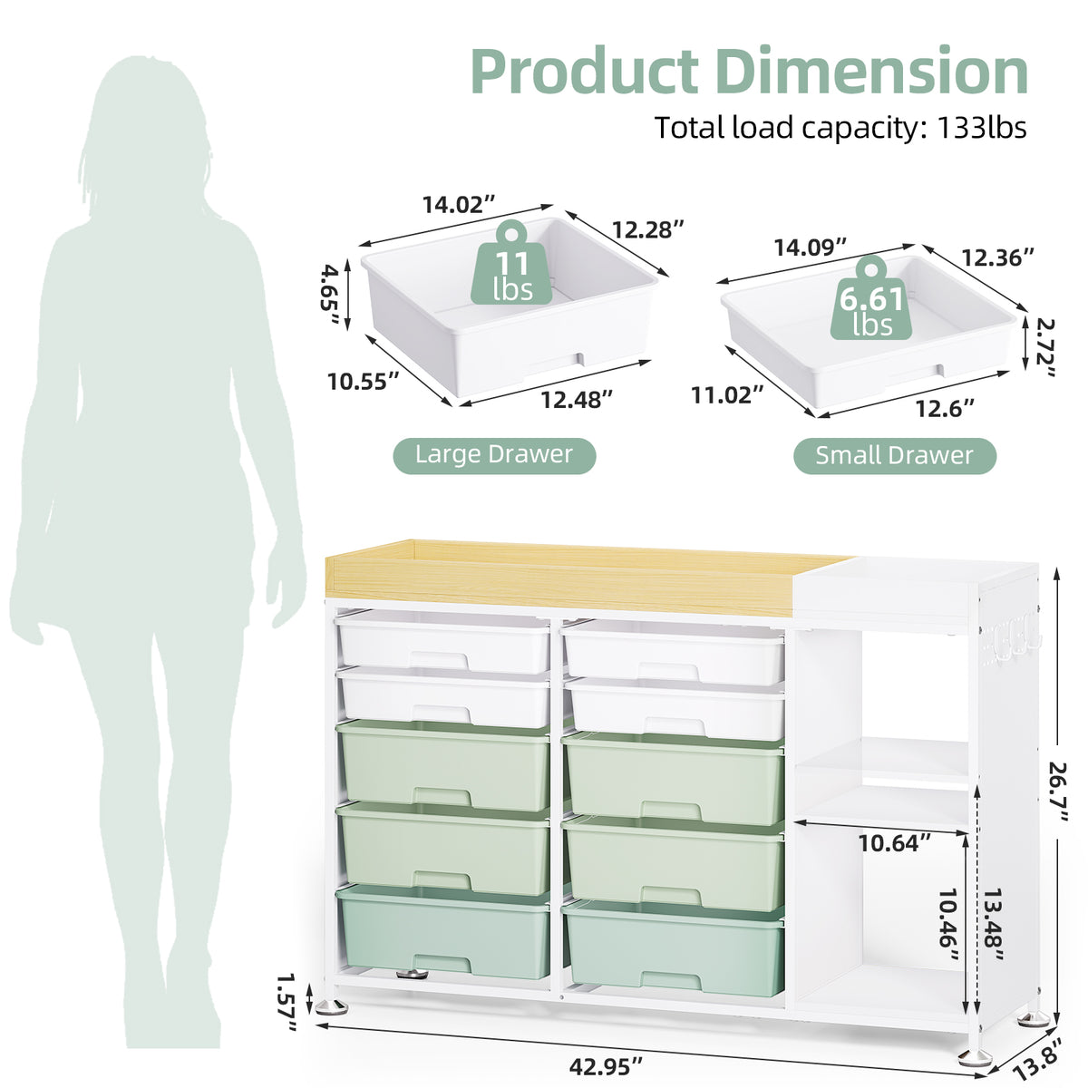 SYKIARIOL 10-Drawer Storage Cabinet with Open Shelves and Wood Top — Green, view 2