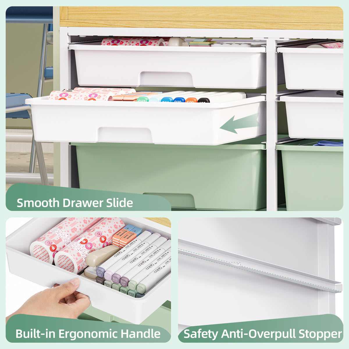 SYKIARIOL 10-Drawer Storage Cabinet with Open Shelves and Wood Top — Green, view 3
