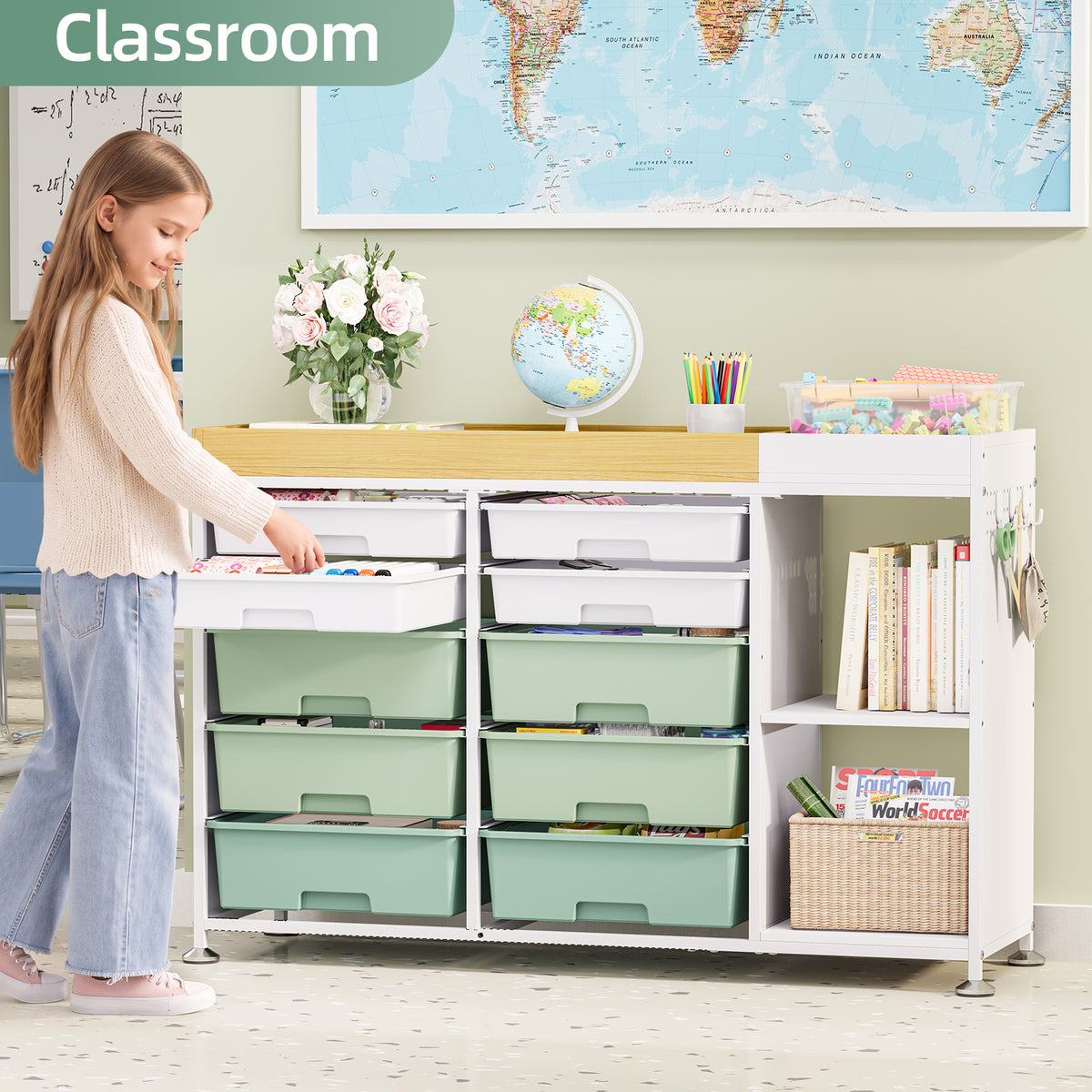 SYKIARIOL 10-Drawer Storage Cabinet with Open Shelves and Wood Top — Green, view 4