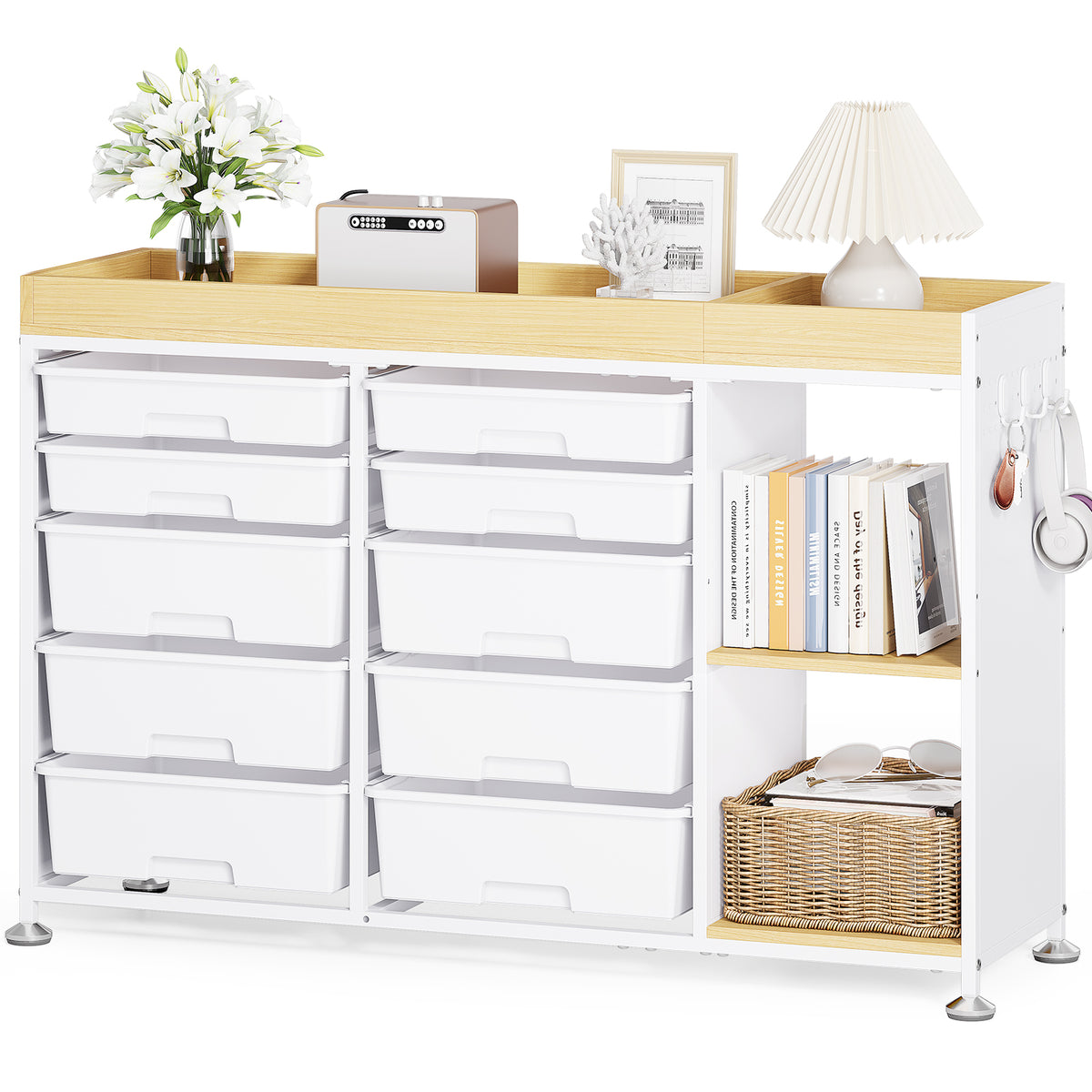 SYKIARIOL 10-Drawer Storage Cabinet with Open Shelves and Wood Top — White, view 1