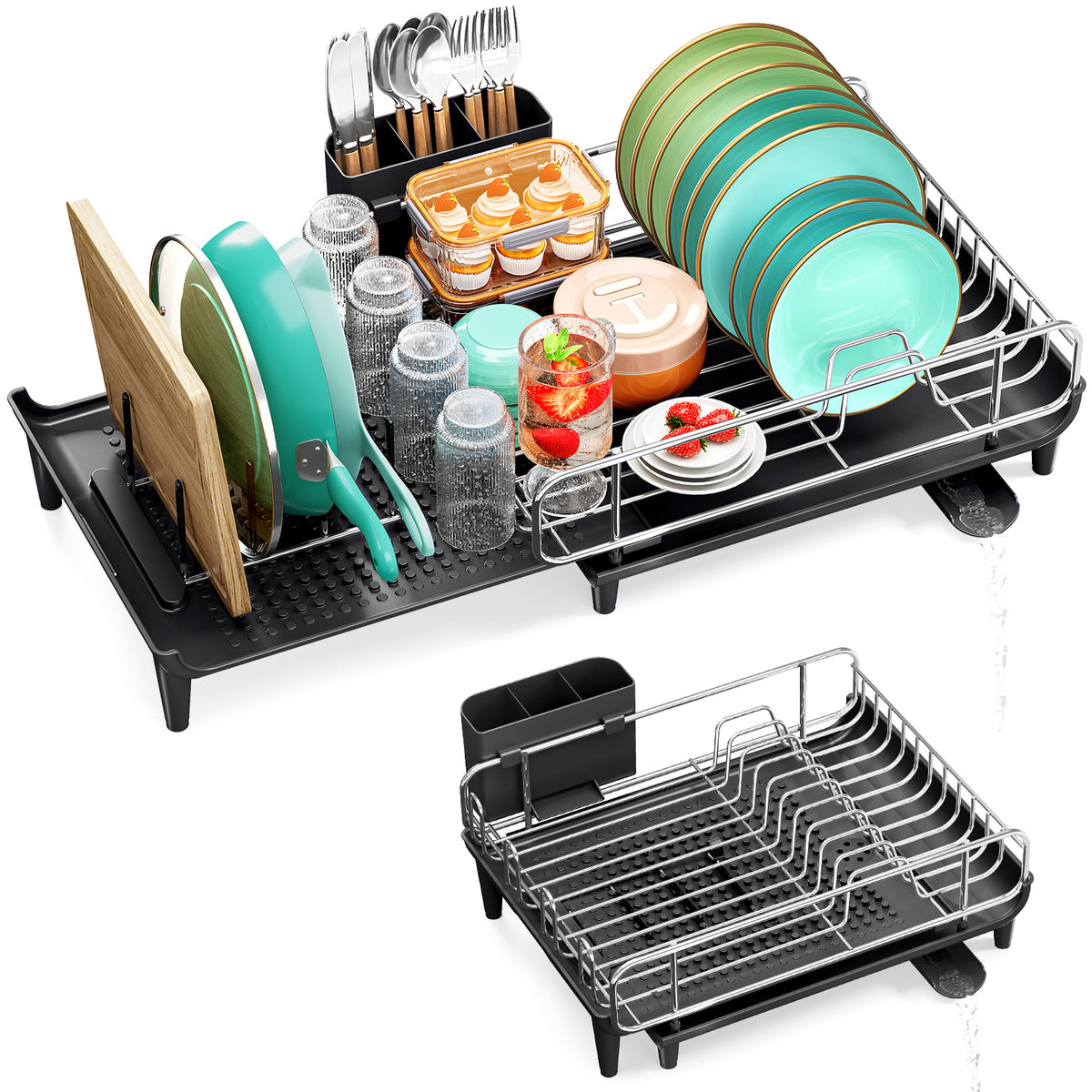 SYKIARIOL Expandable Dish Drying Rack with Foldable Partition, 16.7–26.8 in — Black, view 1
