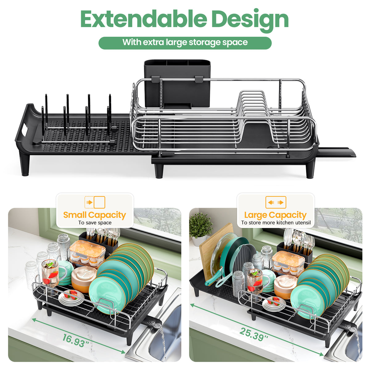 SYKIARIOL Expandable Dish Drying Rack with Foldable Partition, 16.7–26.8 in — Black, view 3