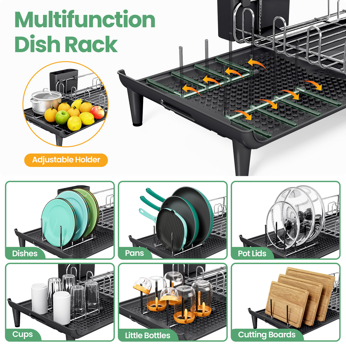 SYKIARIOL Expandable Dish Drying Rack with Foldable Partition, 16.7–26.8 in — Black, view 4