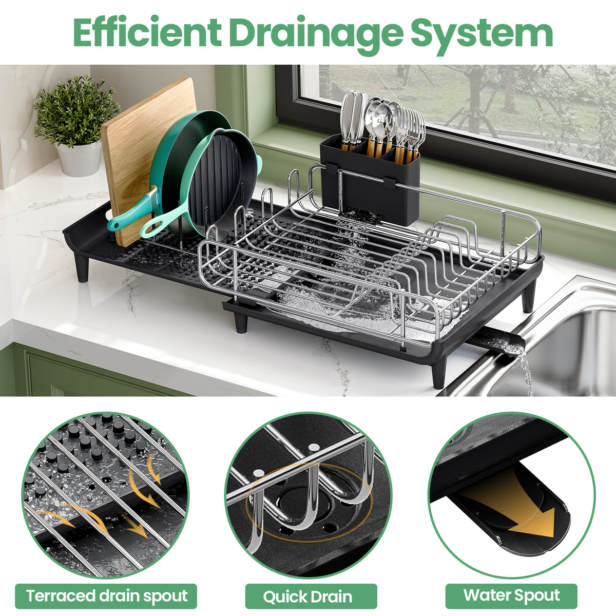 SYKIARIOL Expandable Dish Drying Rack with Foldable Partition, 16.7–26.8 in — Black, view 5